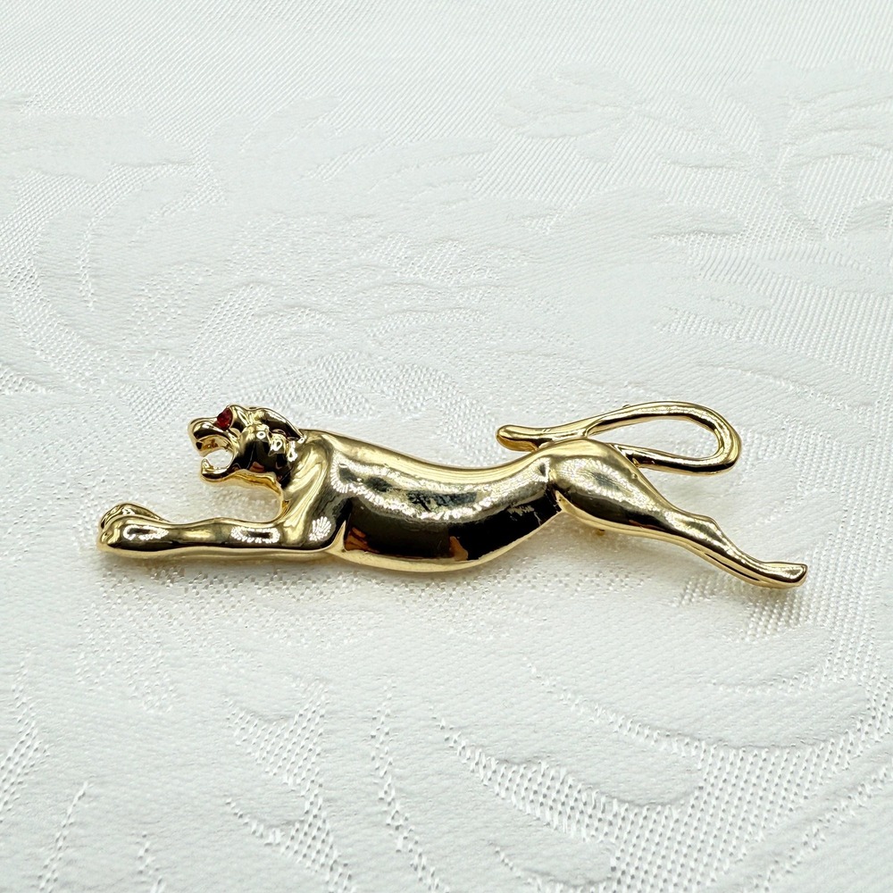 Vintage New Old Stock Gold Tone Panther Brooch w/ Red Rhinestone